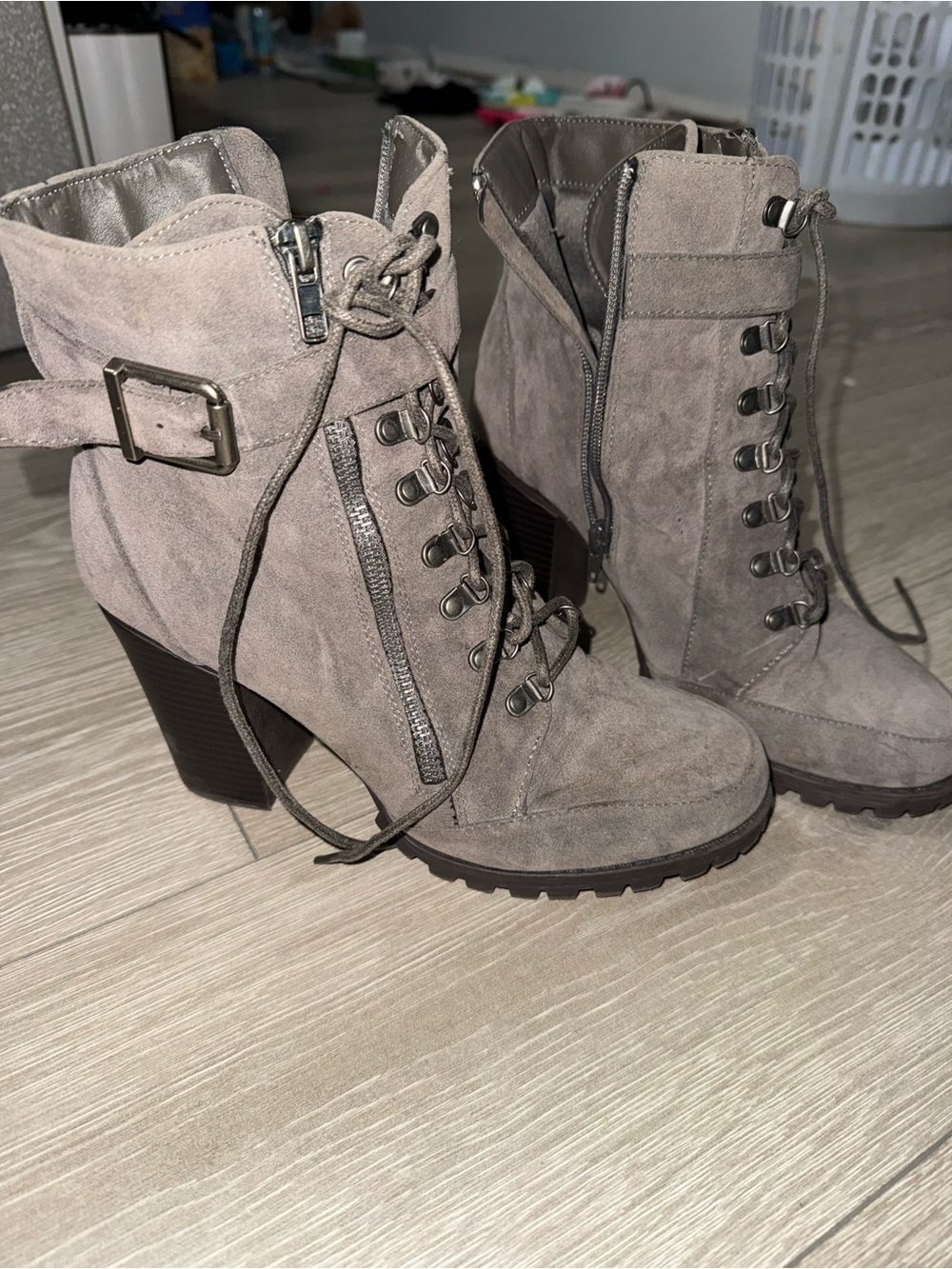 JustFab Taupe Suede Lace-Up Ankle Boots with Buckle